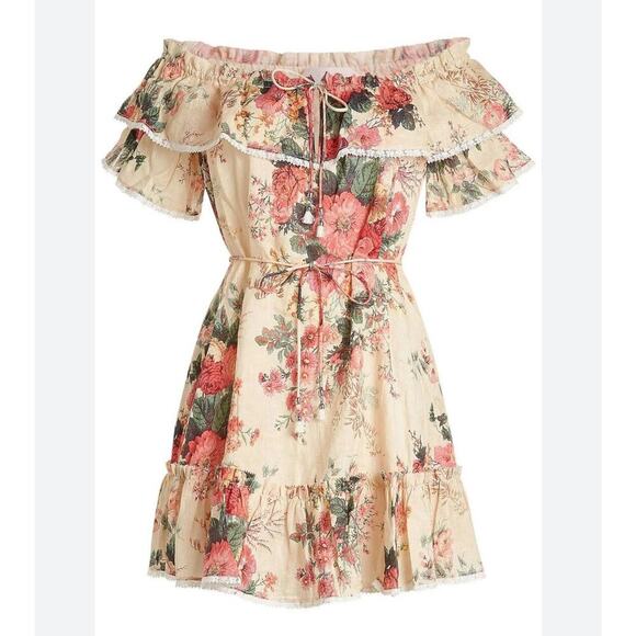 Zimmermann Laelia Frill Tier Short Mini Dress Off Shoulder Floral Linen 2 US 8 - Picture 2 of 9